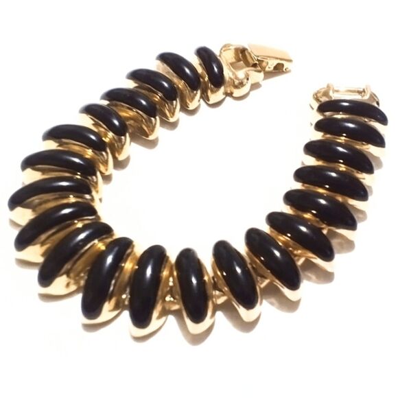 Vintage Erwin Pearl Gold Tone Black Enamel Chunky Link Bracelet - Picture 3 of 8